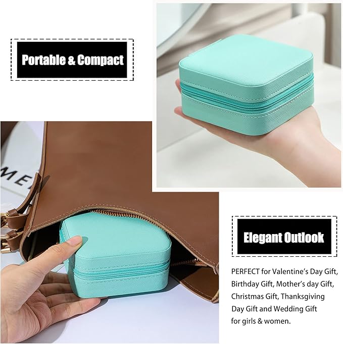 MODENGKONGJIAN Mini Jewelry Travel Case, PU Leather Travel Jewelry Organizer Box, Small Portable Portable Jewellery Storage Holder for Womens Rings Earrings Necklaces Bracelets (Blue)