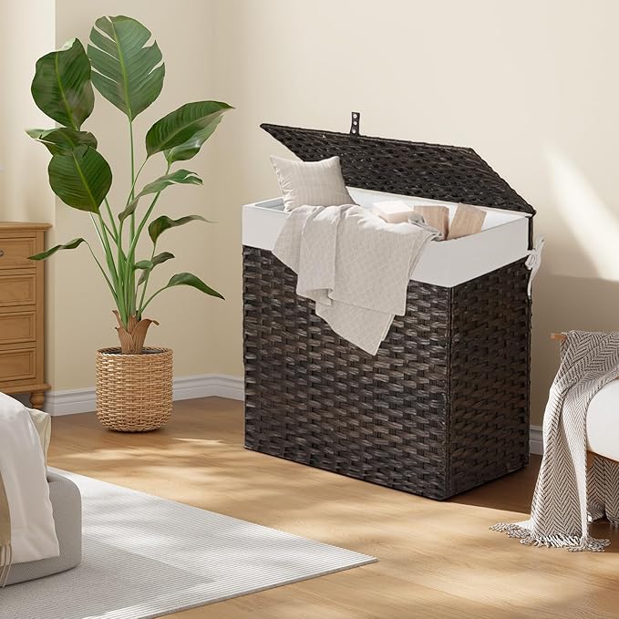 Greenstell Laundry Hamper with Lid, 125L Wicker Laundry Baskets with 2 Removable Liner Bags & 5 Mesh Laundry Bags, Handwoven Rattan Clothes Hamper with Handles for Clothes in Bathroom, Bedroom