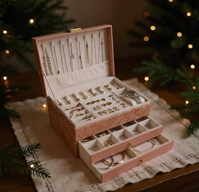 TOFUNTOY Jewelry Organizer Box, Large Jewelry Boxes for Women, 3-Layer Jewelry Holder Organizer for Necklace Earrings Rings Bracelets Storage, Gift for Her Mom