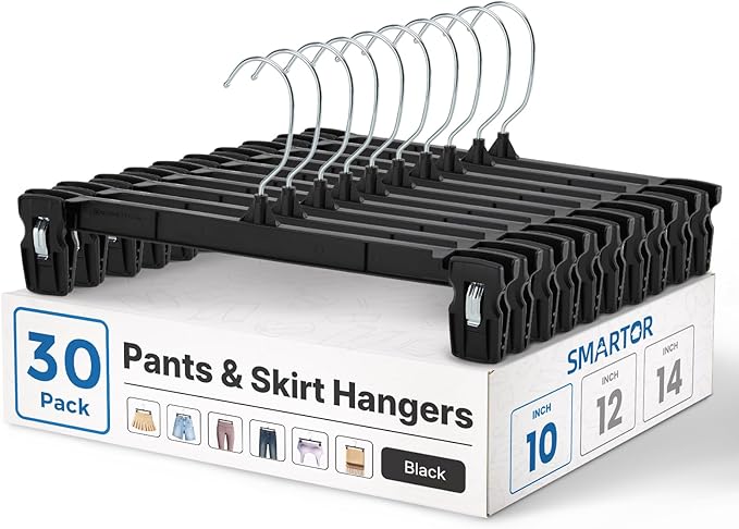 Smartor Pants Hangers - 30 Pack, Plastic Pant Hanger with Non-Slip Big Clips, Bottom Hangers for Men with Rotatable Chrome Hook, Shorts Hanger for Women Strong Clamp Pant Organizer (10 Inch, Black)