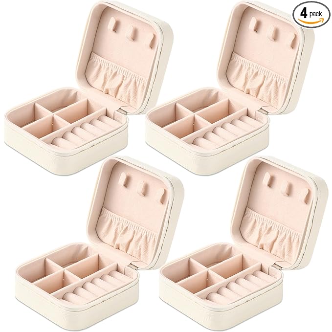 Neveika Portable Travel Mini Jewelry Box Leather Jewellery Ring Organizer Case Storage Gift Box Girls Women (4pcs White).
