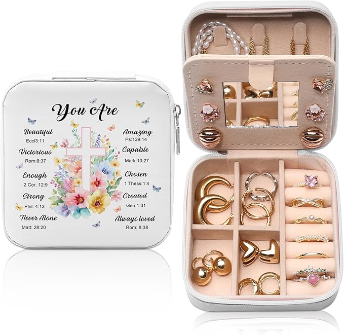 GAOLZIUY Christian Bible Verse Travel Jewelry Box, Baptism Religious Faith Spiritual Inspirational Gifts for Women Teen Girls, Flowers Portable Jewelry Organizer Storage Case