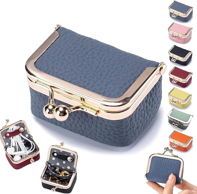 Genuine Leather Mini Jewelry Box & Vintage Wallet for Women - Compact Travel Coin Purse, Lipstick Storage Organizer, Retro Leather Clutch Case (Blue/Mini)