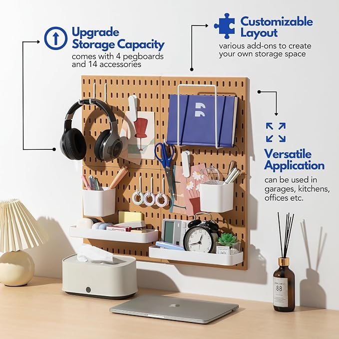Keepo Peg Board Wall Organizer – Plastic Pegboard Panels, Modular Peg Board Storage System for Home Office, Craft Room, Gaming Setup (Tan Brown, 22″×22″)