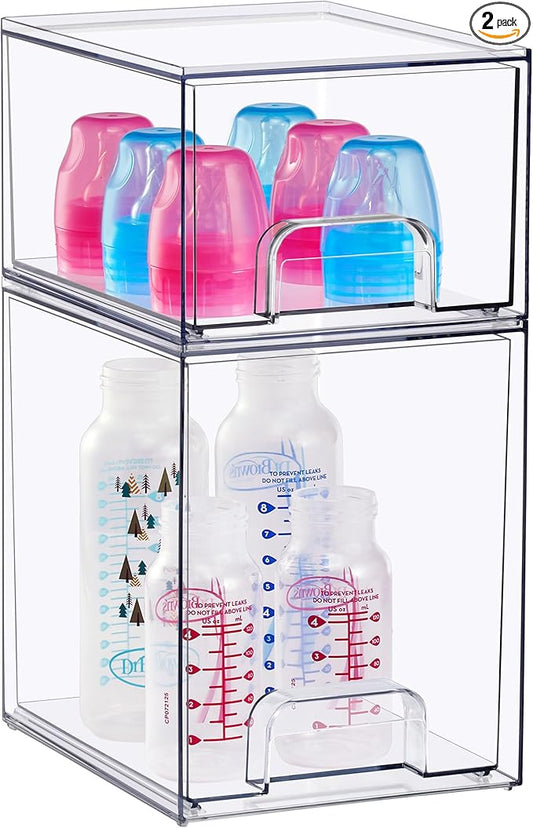 Sorbus Stackable Acrylic Storage Drawers, 2 Pack Clear Plastic Organizer Bins for Baby Bottles, Makeup, Bathroom, Vanity & Countertop Organization, Pull-Out Drawer Design for Cabinets & Pantry