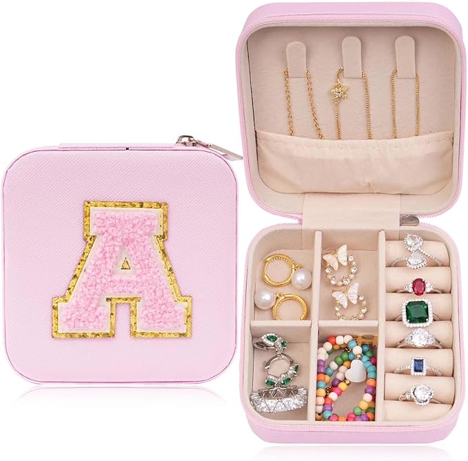 ETHOON Jewelry Travel Case Small Organizer Stocking Box Personalized Gifts Teenage Jewelry Accessories Holiday Wedding Christmas Gift for Women Pink, Letter A