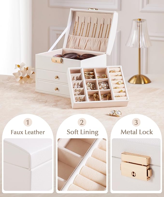 Homde Mothers Day Gifts Small Girls Jewelry Box with Lock: 3 Layer Organizer with Removable Tray - Storage for Ring Necklace Earring - Birthday & Return Gifts for Young Women (Cloud White)