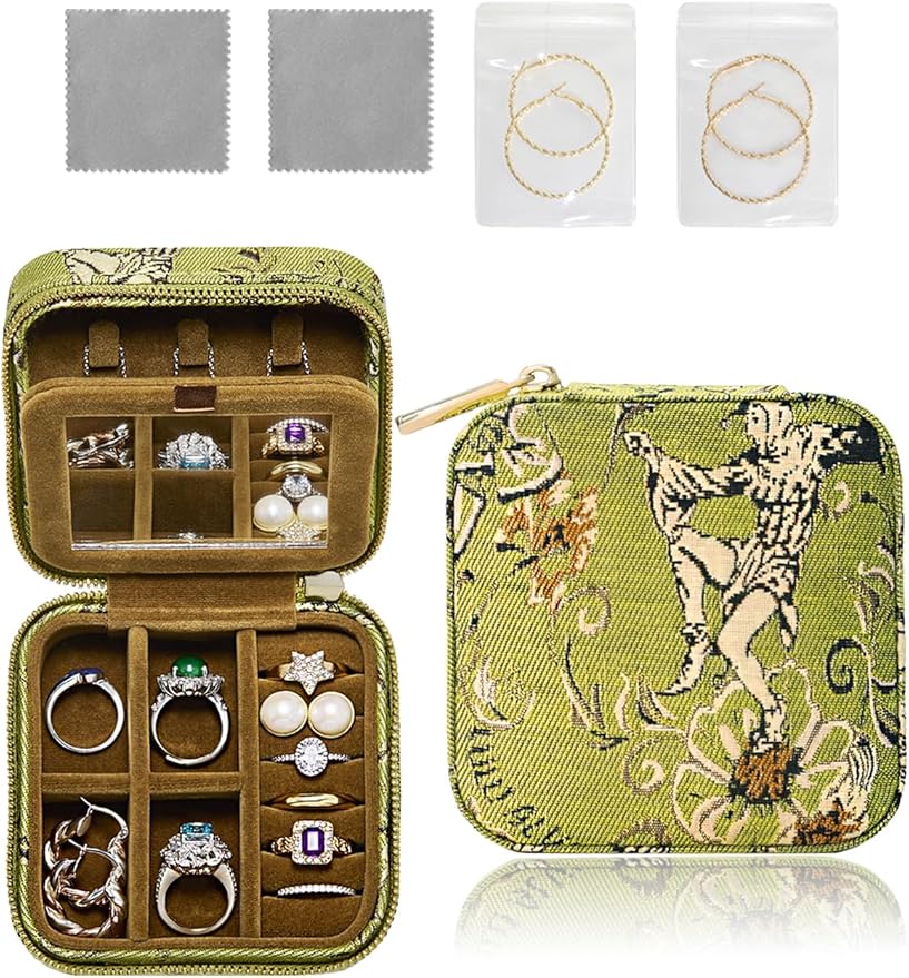 Small Travel Jewelry Box for Women - Mini Personalized Jewellery Organizer with Mirror|Cute Portable Jewelry Case Necklace Earring Ring Compact Storage Holder Birthday Gifts for Mom Bridesmaid (Green)