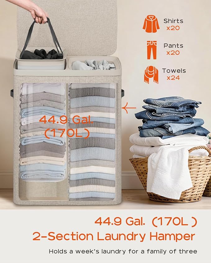 CASAMAYA Laundry Basket with Lid, Laundry Hamper 2 Section, 170L collapsible Laundry Organizer, Easy Assembly, with Handles and Removable Liners, 22 x 15.7 x 29.5 Inches, Beige JSP903M