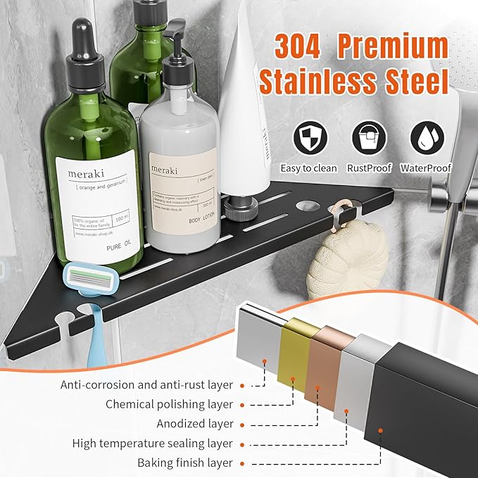 Permanent Tile-in Corner Shower Shelves with Hooks, Modern 304 Stainless Steel Shower Caddy for Bathroom Renovation & Hotel, Heavy Duty No-Drill Grout Mount Organizer for Tile Wall,10", 2 Pack