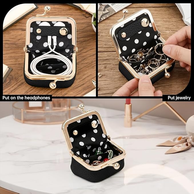 PU Leather Mini Jewelry Box, Vintage Portable Mini Jewelry Organizer with Kiss Lock, Compact Travel Case for Rings, Earrings, Necklaces - Ideal Gift for Women