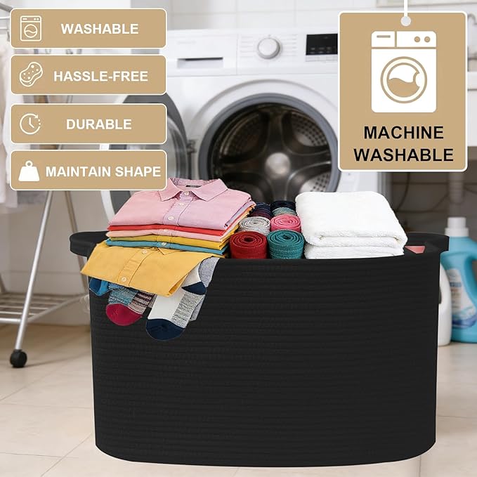 96L Large Blanket Basket,24"x16"x15"Rectangle Storage Bin with Handles,Woven Rope Laundry Basket for Toys, Clothes,Magazines,Home Organization,Nursery,Living Room & Bedroom,Black
