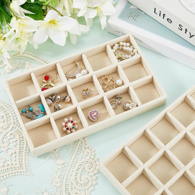 2Pcs 5 x 8.3 Inch Stackable Jewelry Trays Earring Holder Organizer Antique White 15 Grids Velvet Dresser Jewelry Drawer with Removable Divider for Bracelet Ring Watch Trinket Display Showcase