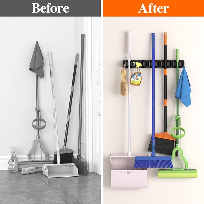Lifewit Mop and Broom Holder Wall Mount, Anti-Slip Broom Hanger for Cleaning Supplies Organizer, Easy Install Tool Hanging Rack for Closet, Kitchen, Garage, 5 Slot 6 Hooks, Hold 30lbs, Black, 2 Pack