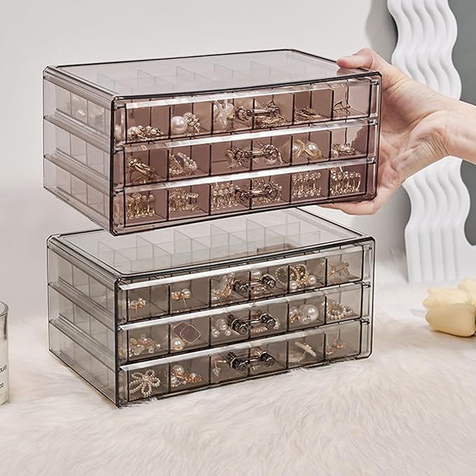 Earring Storage Box Organizer 3 Drawers Acrylic Jewelry Storage Box Holder Transparent Jewelry Display Stand with 72 Cells Gift for Women Girls