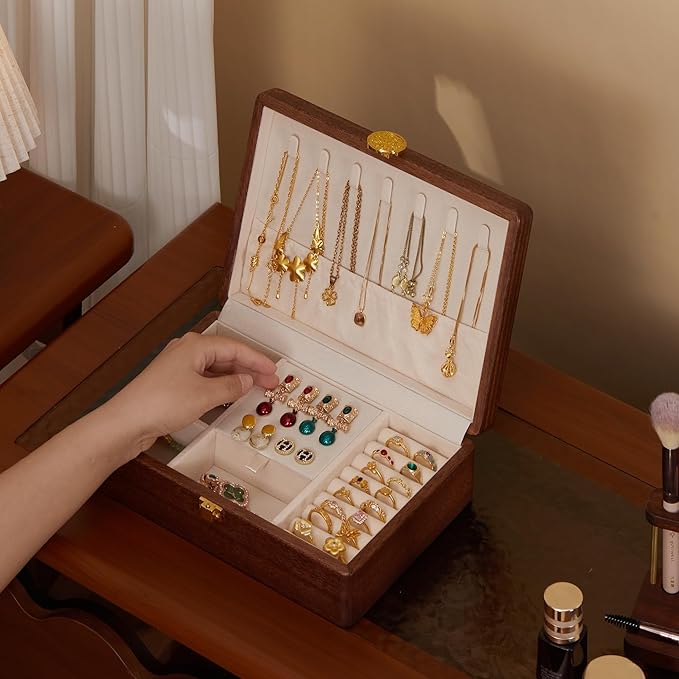 Travel Jewelry Case Small Wood Jewelry Organizer Jewelry Box for Women (Single Nut-Brown A)