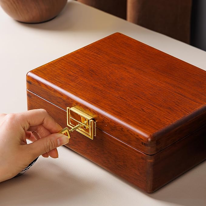 Wooden Jewelry Box with Lock, Double Layer Solid Walnut Wood Jewelry Organizer with Key Velvet Lining for Earrings Rings Necklaces Bracelets Cufflink Pendants Gift Idea Men Women