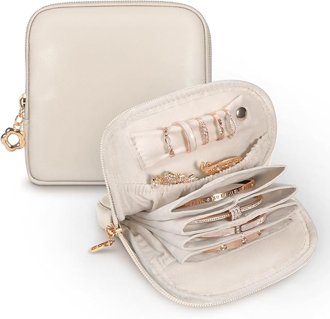 SITHON Small Travel Jewelry Case with Ring Holder, Mini Velvet Jewelry Pouch Bags, Compact Storage Organizer for Bracelet Necklaces Earrings Travel Essentials, Mother’s Day Gifts (Cream White)