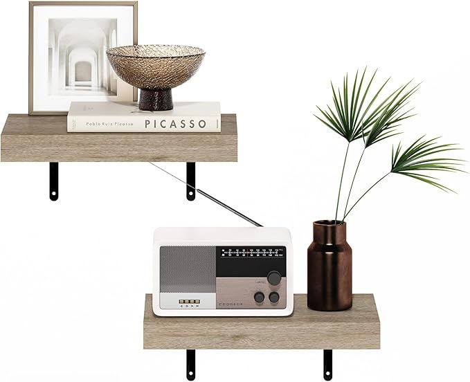 Furinno Tanna Floating Shelves for Wall Set of 2, 15-Inch Wall Shelf, Triple Thick Floating Mounted Shelf, for Bathroom, Home Office, Living Room, Natural