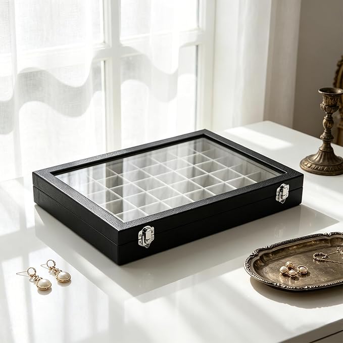 Stratalife Jewelry Organizer 48 Grid Jewelry Tray with Clear Lid Dust-proof Velvet Earring Organizer Necklace Rings Holder Display Drawer Storage Case for Women Gray Black
