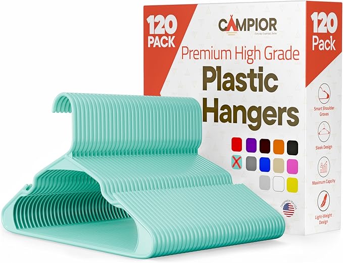 Plastic Clothes Hangers – Heavy Duty Hanger Set, for Organizing Clothes, Dresses, and Coat, Holds Up to 5 lbs, Space-Saving Hangers with Non-Slip Shoulder Grooves, Pack of 120, Aqua