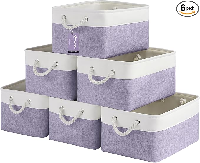 Large Storage Baskets- 15.7x11.8x8.26 inch Storage Bins for Shelves and Closet Organizing, Foldable Fabric Bin for Home Organization Clothes and Laundry (6-Pack, White&Purple)