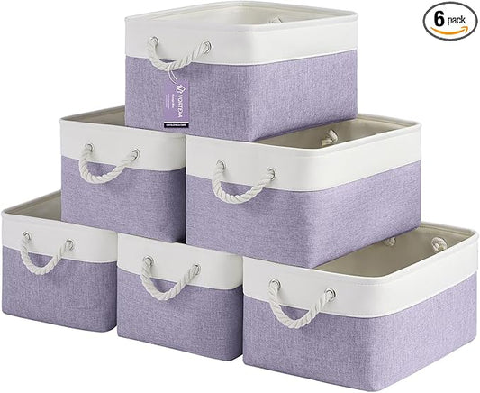Large Storage Baskets- 15.7x11.8x8.26 inch Storage Bins for Shelves and Closet Organizing, Foldable Fabric Bin for Home Organization Clothes and Laundry (6-Pack, White&Purple)