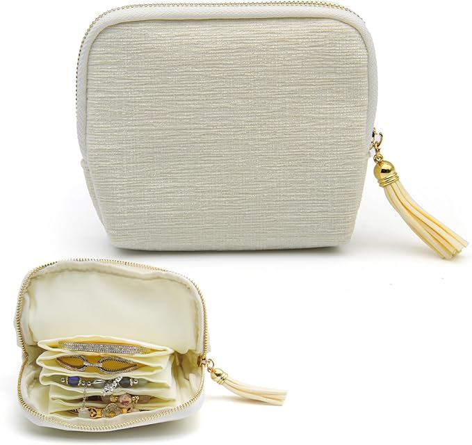 Small Travel Jewelry Case, Mini Jewelry Box, Purse Organizer Pouches for Travel and Everyday Jewelry Organizer Storage (Beige)