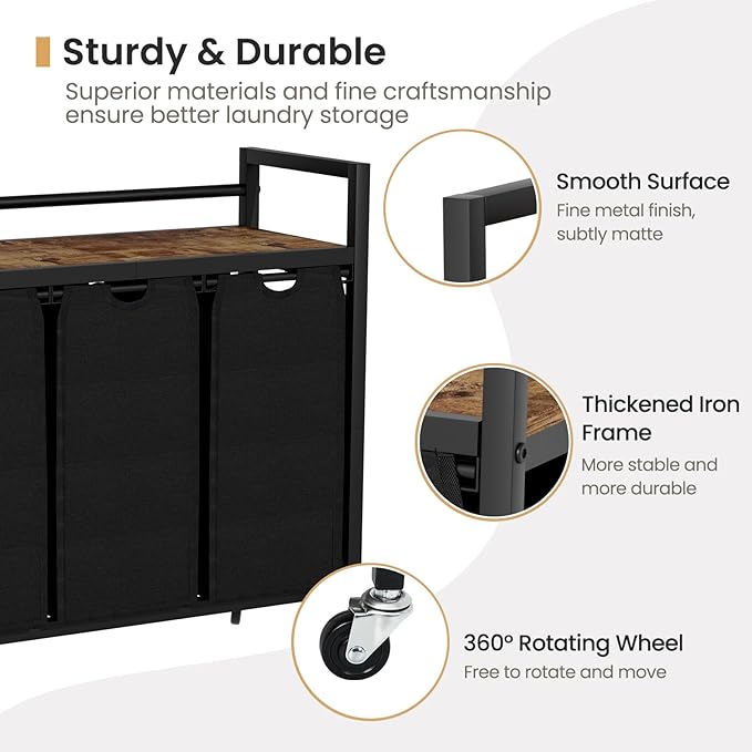 SwaaVee Laundry Hamper, Laundry Basket, Laundry Sorter with 3 Removable Bags, Clothes Basket with 3 Compartments, Wheels, Shelf for Laundry Room Bathroom Bedroom (3 Bags-Black)