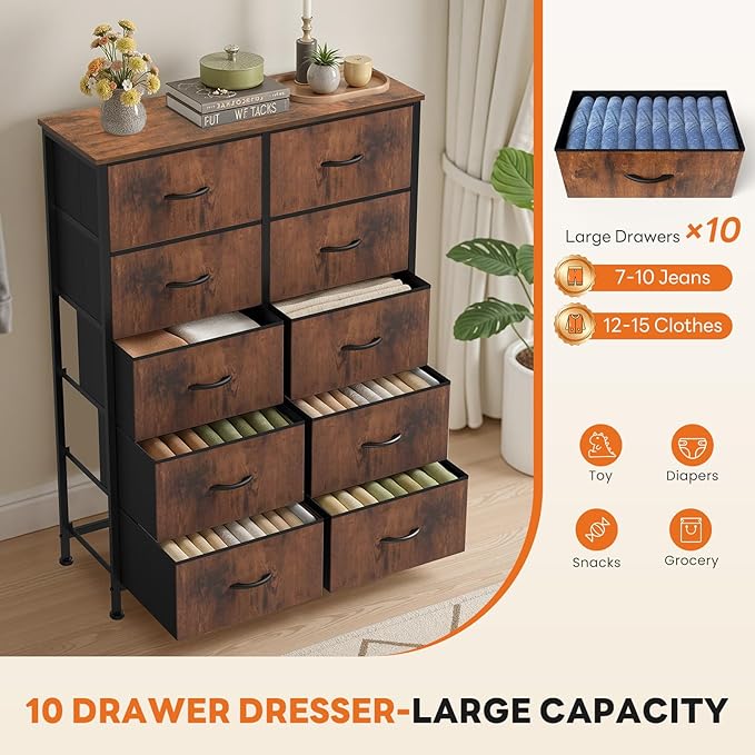 Sweetcrispy 10 Drawer Dresser, Tall Fabric Dresser for Bedroom, Storage Tower with Bins Chest Organizer Unit for Closet, Hallway, Steel Frame Wood Top, Easy Pull Handle, Rustic Brown