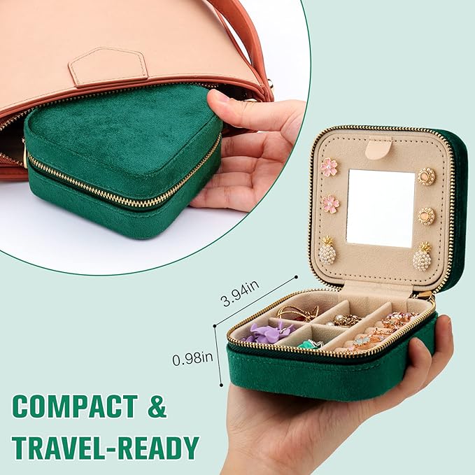 DesignSter Travel Jewelry Box - Velvet Mini Jewelry Organizer, Small Jewelry Case for Girls Women, Jewelry Storage Box for Rings Earrings Necklace (Square, Emerald Green)