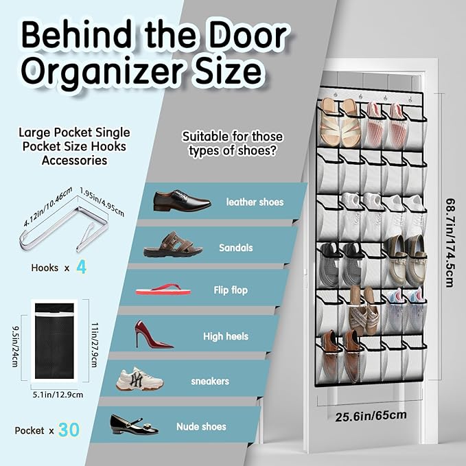 Kotkn Over the Door Shoe Organizer with 30 Breathable Mesh Pockets - Large Capacity Closet Storage for Men & Women, Hanging Shoe Rack Organizer (White)