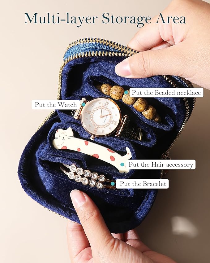 COOLYOUTH Travel Jewelry Case Organizer for Women Portable Jewelry Box with Small Pouches Mini Jewelry Bag for Rings, Bracelets, & Bangles with Smooth Metal Zipper (Navy Blue)