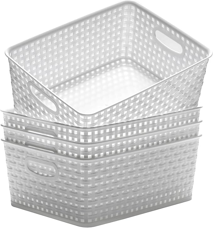 Eslite Plastic Storage Baskets for Organizing,11"X8.5"X4.7",Pack of 4 (White)