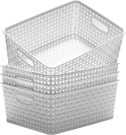 Eslite Plastic Storage Baskets for Organizing,11"X8.5"X4.7",Pack of 4 (White)