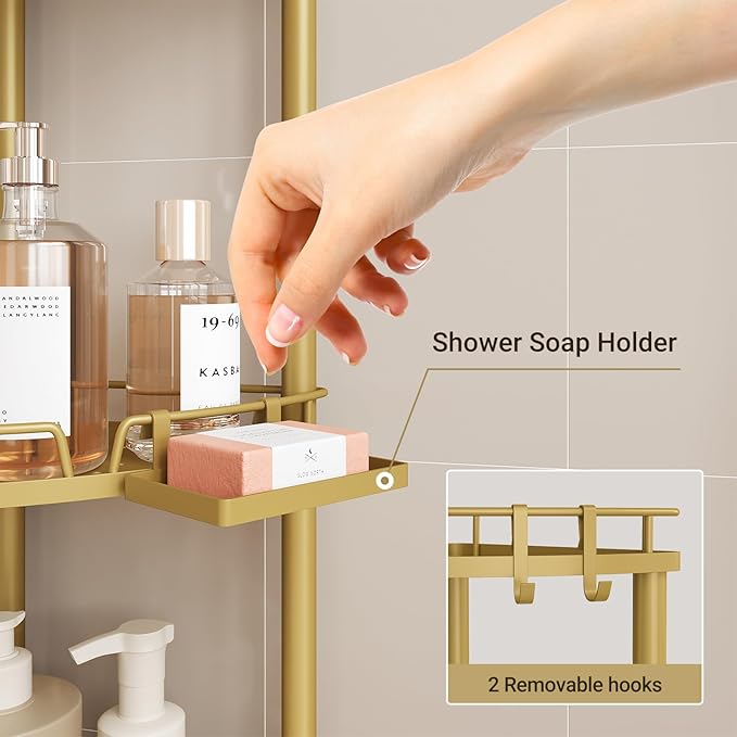 ELYKEN Corner Shower Caddy Standing, 3 Tier Rustproof Metal Shower Organizer with Soap Holder, Floor Shower Corner Shelf Rack Storage Stands with Adjustable Feet & 2 Hooks for Bathroom, Gold