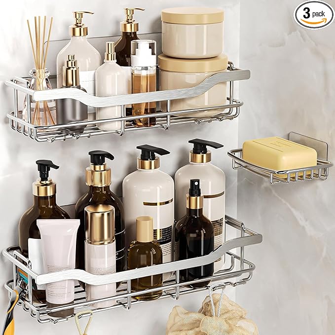 OMAIRA 3-Pack Shower Caddy with Soap Holder, Adhesive Rustproof No-drill Strudy Loading Inside Shower Organizer Shelves Rack Storage Bathroom Organization for Smooth Wall Glass Tile, Silver (X-Large)