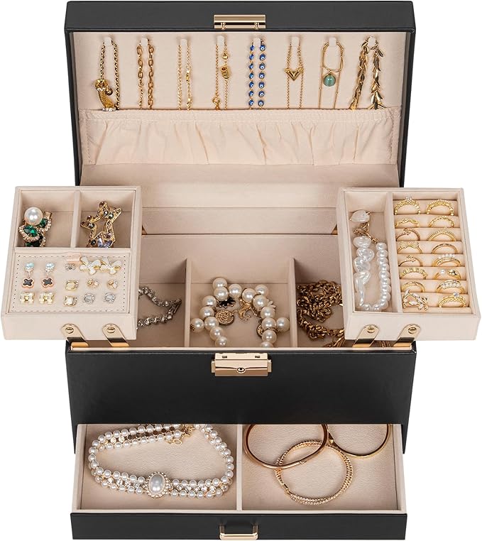 AKOZLIN Travel Jewelry Box Organizer Functional 2-trays Leather Jewelry Storage Case with Lockable Portable Drawer for Women Girls Ring Necklace Earring Bracelet