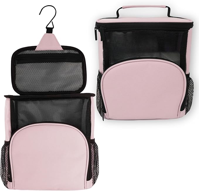 TERRA HOME College Dorm Room Essentials for Girls - Original Shower Caddy Dorm - Portable, Durable, Roomy, Foldable Water Resistant Shower Bag in Light Pink with Metal Hook for Hanging (Blush Pink)