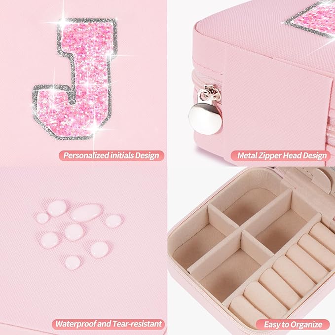Uygafly Travel Jewelry Case - Personalized Jewelry Box for Women,Small Jewelry Organizer Cute Jewelry Organizers and Storage Aesthetic,Travel Essentials Birthday Gifts for Girls Women | Pink,J