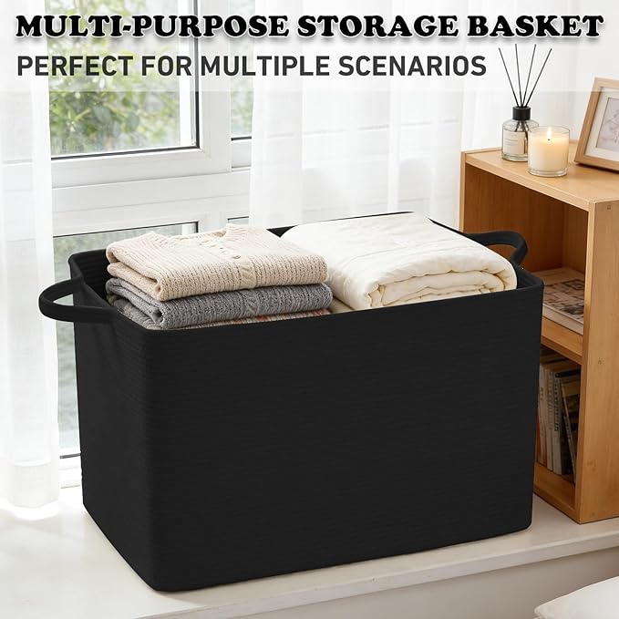 96L Large Blanket Basket,24"x16"x15"Rectangle Storage Bin with Handles,Woven Rope Laundry Basket for Toys, Clothes,Magazines,Home Organization,Nursery,Living Room & Bedroom,Black