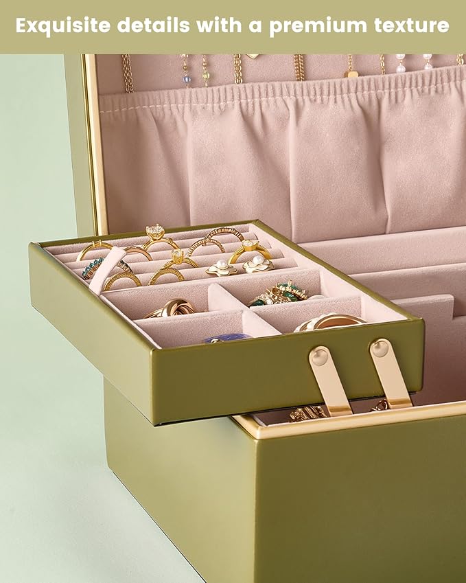 Lolalet Jewelry Box Organizer for Women Girls, 2 Layer Jewelry Organizers and Storage for Necklace Earrings Rings Bracelets, Large Jewellery Holder Case Birthday Mothers Day Gifts -Olive Green