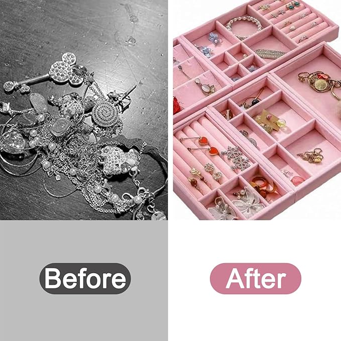 12Pcs Velvet Stackable Jewelry Trays, Jewelry Drawer Organizer, Large Removable Display Jewelry Tray, Necklace Bracelet Storage Box for Earring, Ring, Brooch, Watch (Pink)