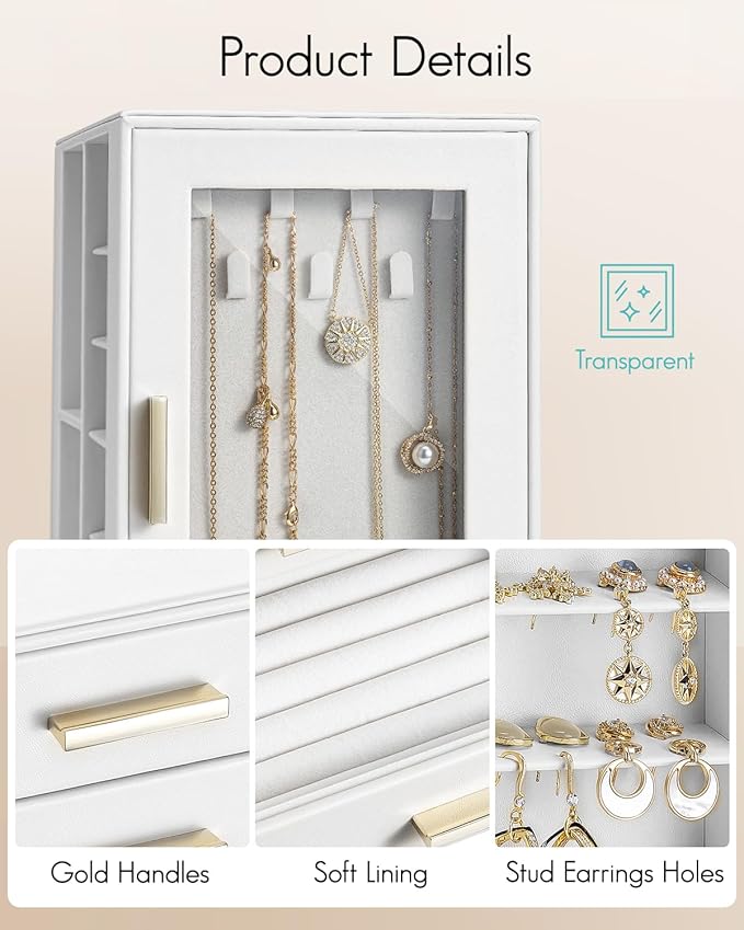 VLANDO 360° Rotating Jewelry Box with 5 Drawers, Large Jewelry Storage with 2 Glass Window, PU Leather Jewelry Organizer for Bracelets, Necklaces, Earrings, Rings - White