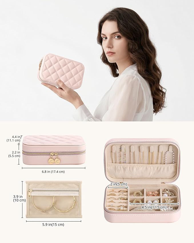 Lolalet Travel Jewelry Case for Women Girls, PU Leather Jewelry Organizer with Clear Storage Bag Small Portable Jewelry Box for Necklace Bracelet Earring Ring Mothers Day Birthday Gifts -Medium/Pink