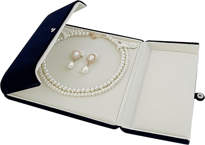 Navy Blue Velvet Jewelry Box for Large Necklace and Earrings Set Luxury Presentation Case for Pearl Strand Necklaces, Statement Jewelry, Button Clip Closure, Arc, Cream Velvet Interior, Gift Box