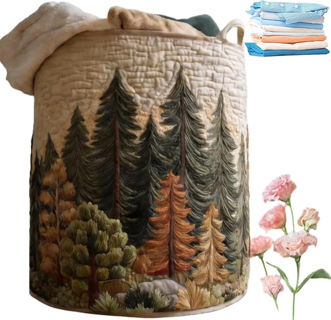 Quilted Laundry Basket with Handles, Boho Floral Fabric Storage Hamper, Large Soft Quilted Laundry Basket for Nursery, Bedroom, Laundry Room,Clothes & Toys (J, M)