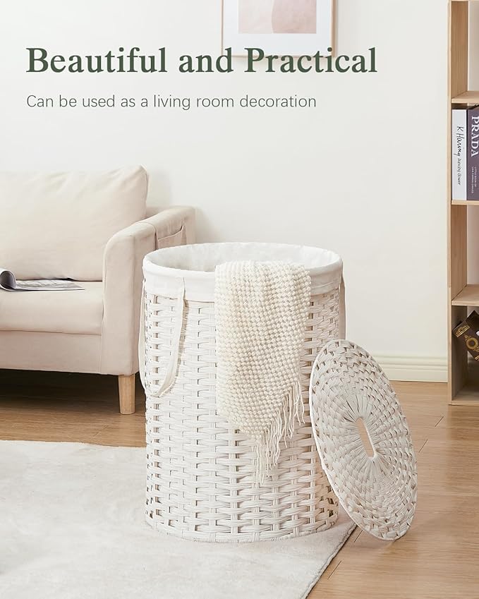 SETVSON Laundry Basket with Lid Round Rattan Laundry Hamper with Lid and Handles 29.1 Gal (110 L) Handwoven Woven Basket with Removable Bags and 2 Mesh Bags for Bathroom Living Room White