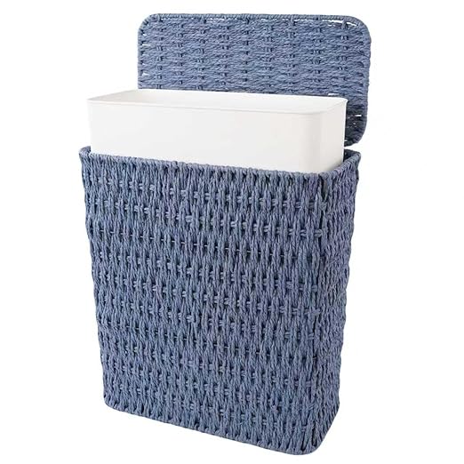Coeusy 3 Gallon Paper Rope Bathroom Trash Can,Small Wicker Trash Cans with Lid and Liner,Woven Rattan Narrow Waste Basket for Bedroom,Office,Blue