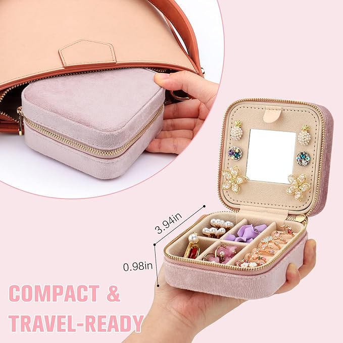 DesignSter Travel Jewelry Box - Velvet Mini Jewelry Organizer, Small Jewelry Case for Girls Women, Jewelry Storage Box for Rings Earrings Necklace (Square, Lotus Pink)